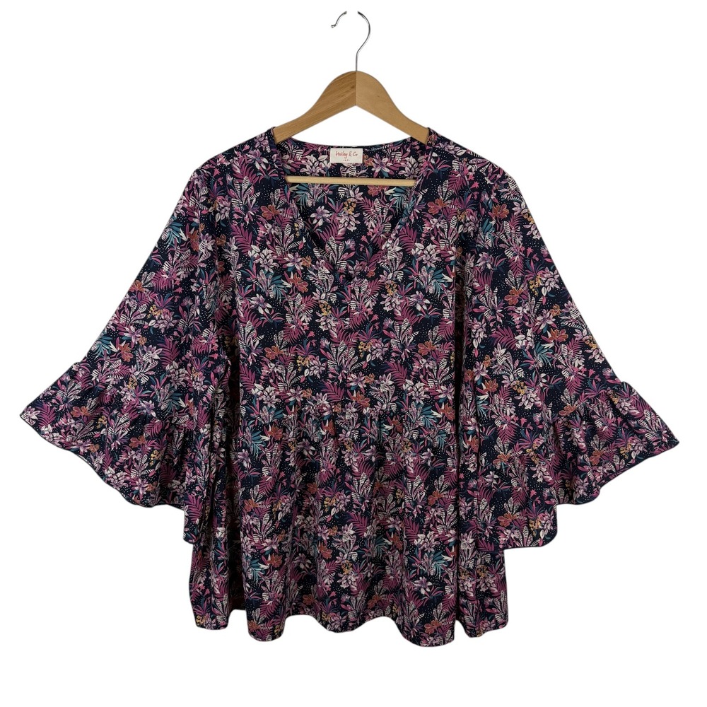 Hailey & Co Floral Tropical Bell Sleeve Babydoll Blouse Size 2X Lightweight